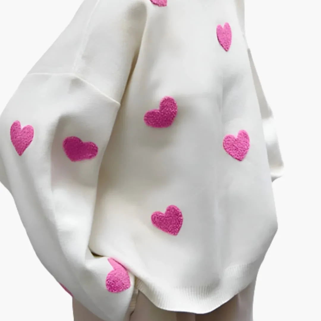 Women's Oversized Sweater with Round Neck and Heart Pattern