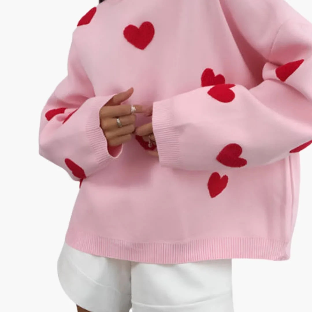 Women's Oversized Sweater with Round Neck and Heart Pattern