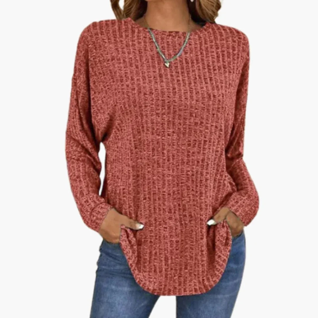 Women's Sweater with Round Neck and Ribbed Hem