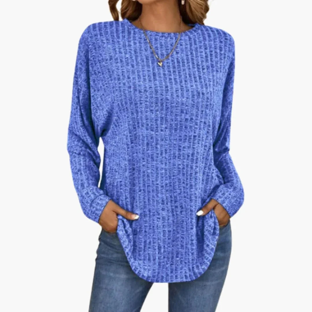 Women's Sweater with Round Neck and Ribbed Hem