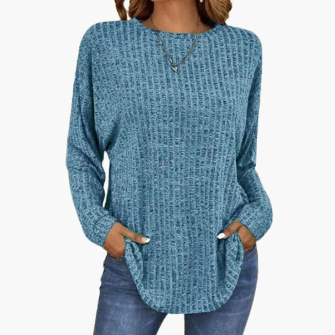 Women's Sweater with Round Neck and Ribbed Hem