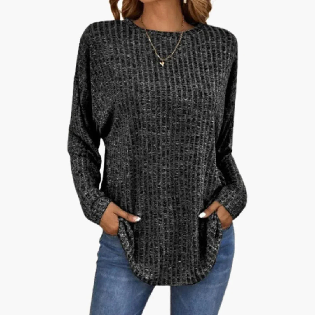 Women's Sweater with Round Neck and Ribbed Hem