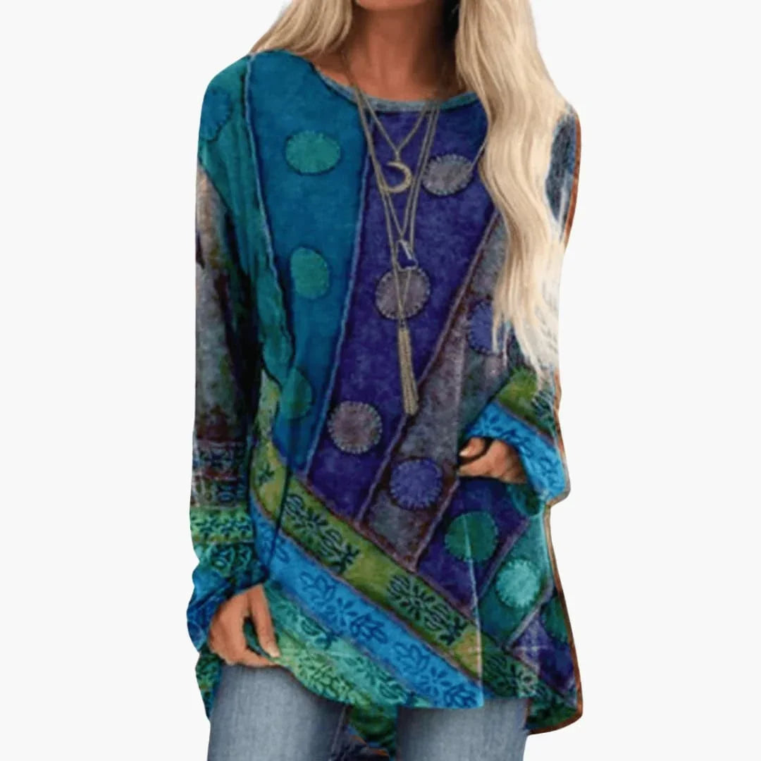 Bavane | Women's Long Sleeve Tunic with Artistic Patchwork Pattern