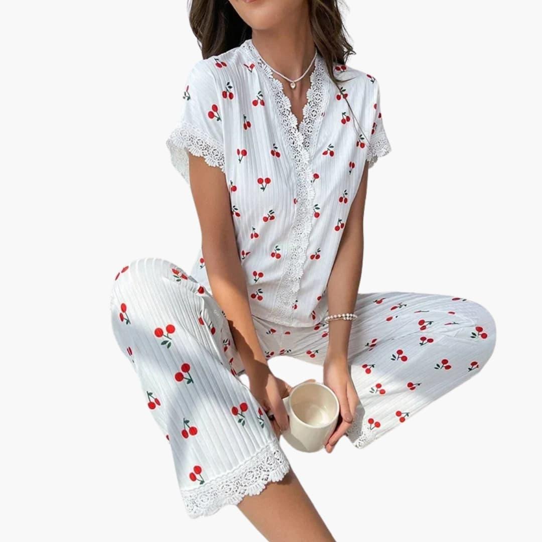 Bavane | Women's Pajama Set with Button Placket and Lace Trim