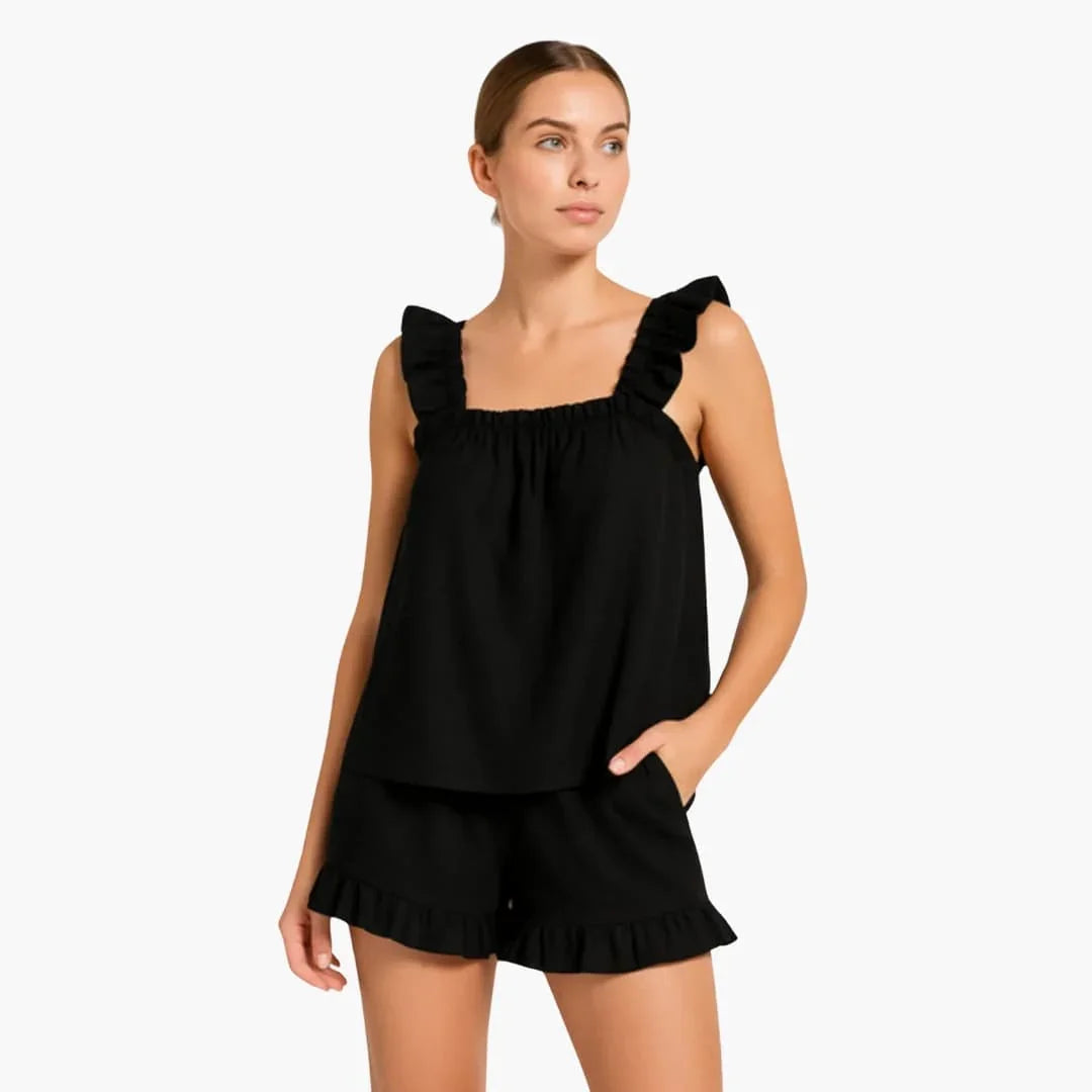 Women's Pajama Set with Ruffled Straps and Elastic Waistband
