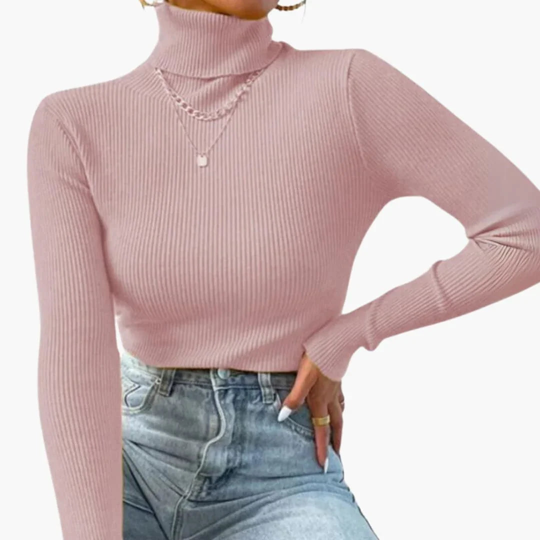 Women's Turtleneck Sweater with Ribbed Surface and Long Sleeves