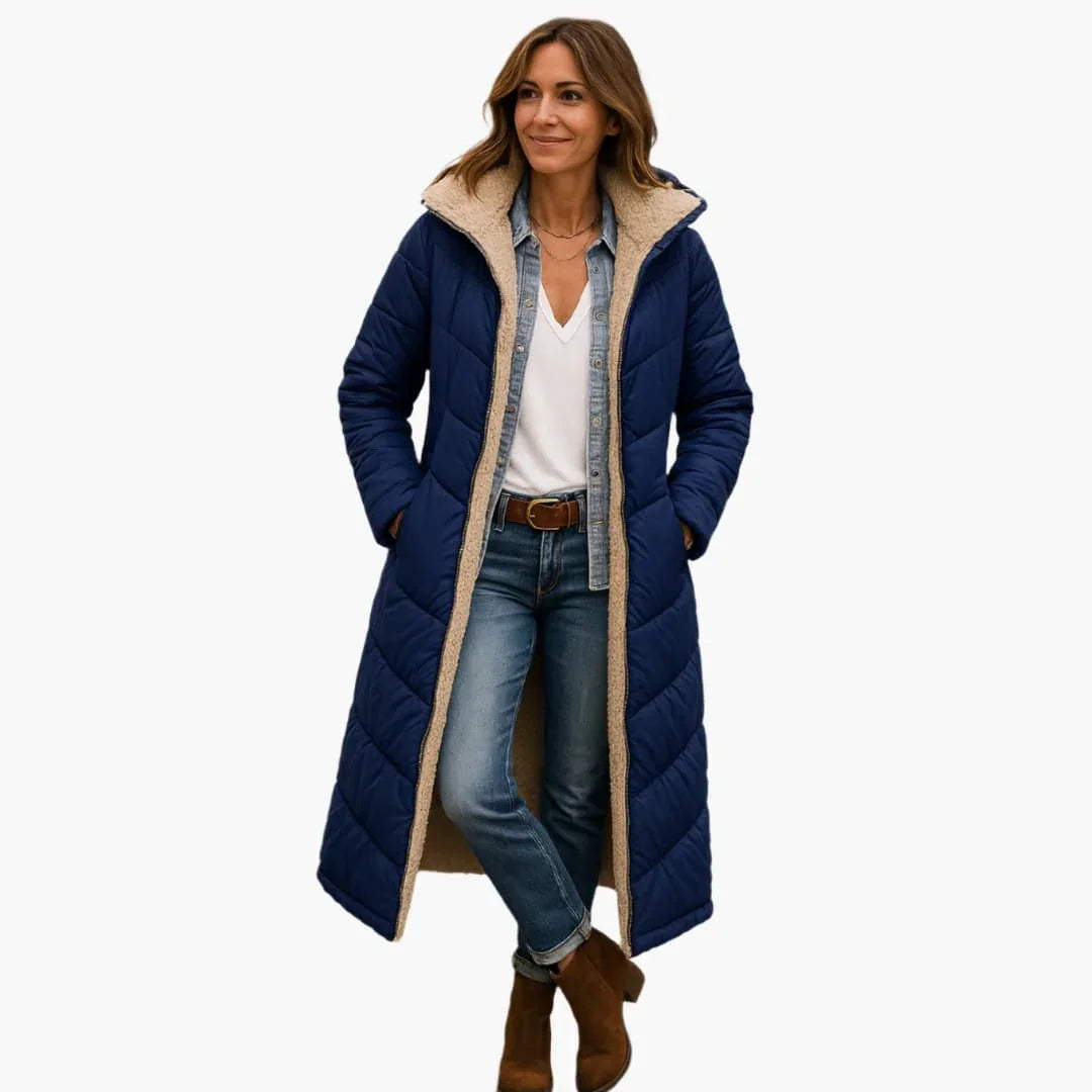 Long Quilted Coat with Hood and Lining for Women