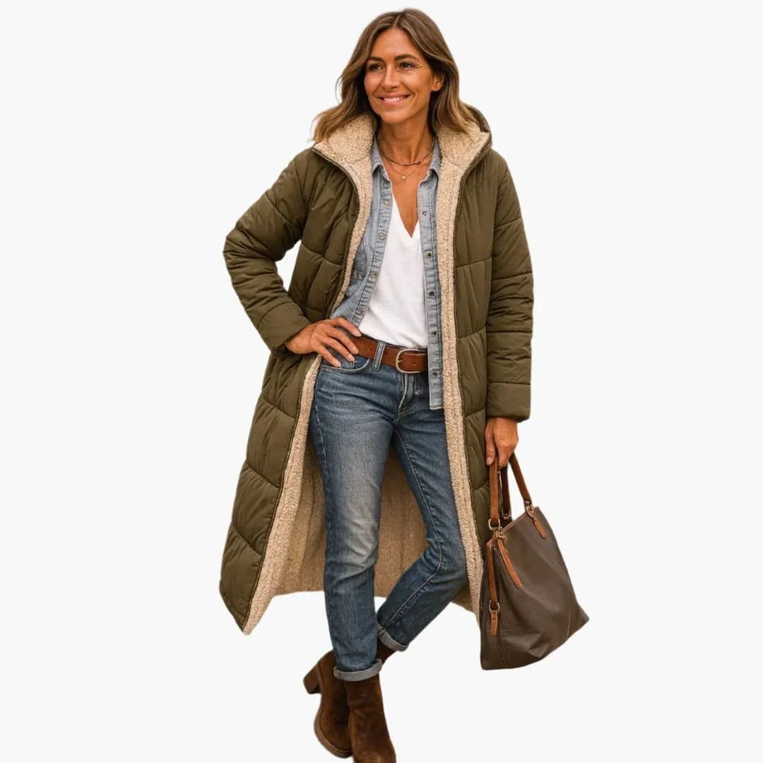 Long Quilted Coat with Hood and Lining for Women