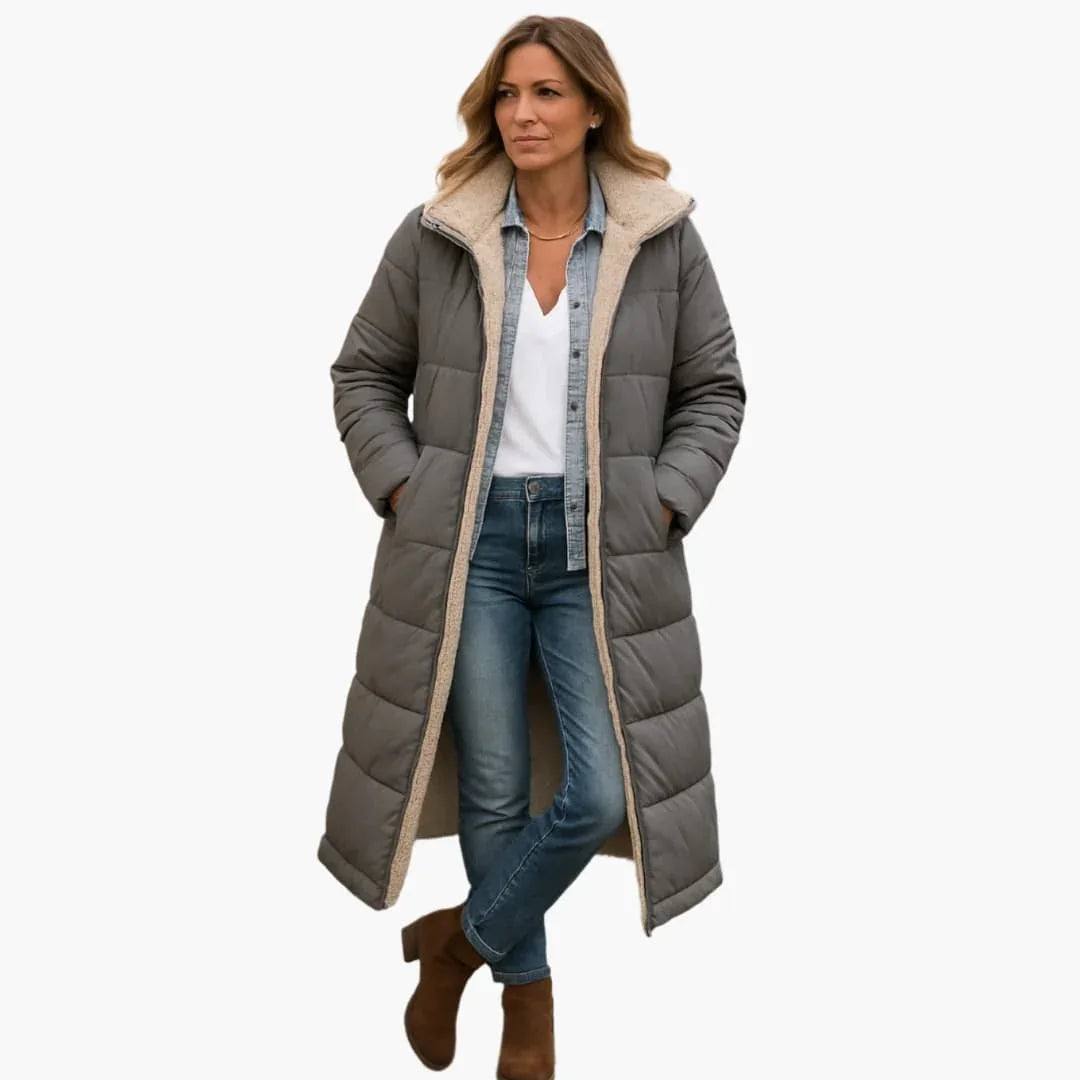 Long Quilted Coat with Hood and Lining for Women