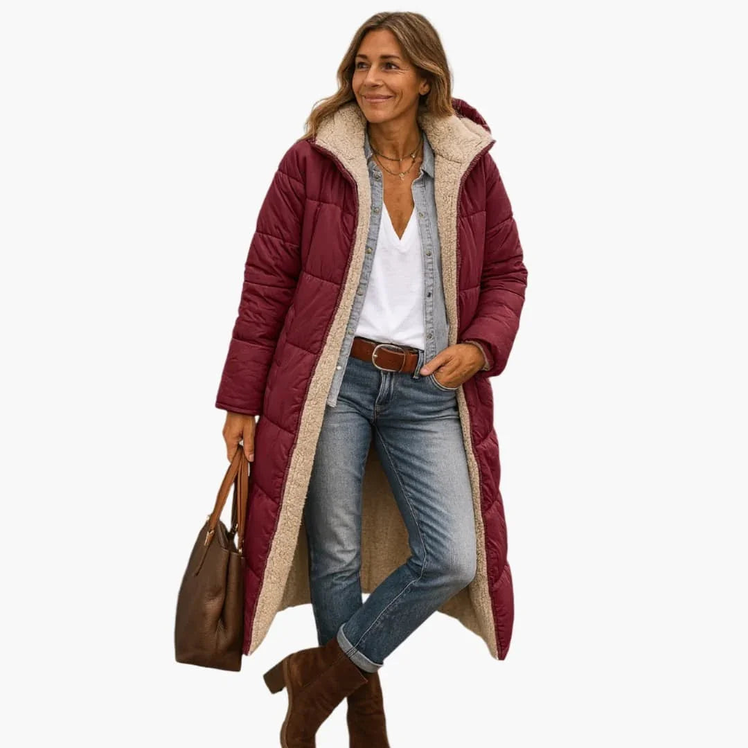 Long Quilted Coat with Hood and Lining for Women