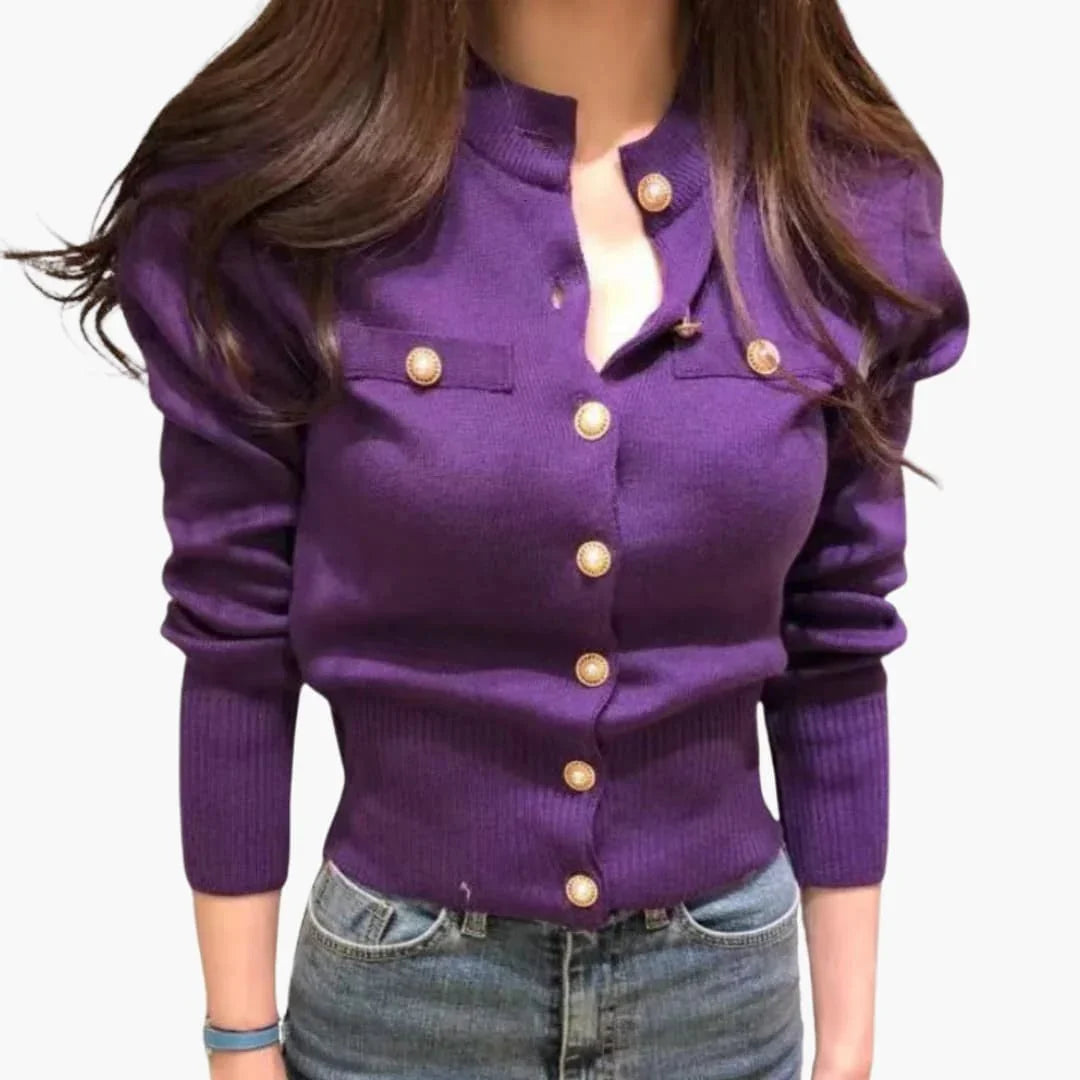 Women's Knit Cardigan with Button Placket and Long Sleeves