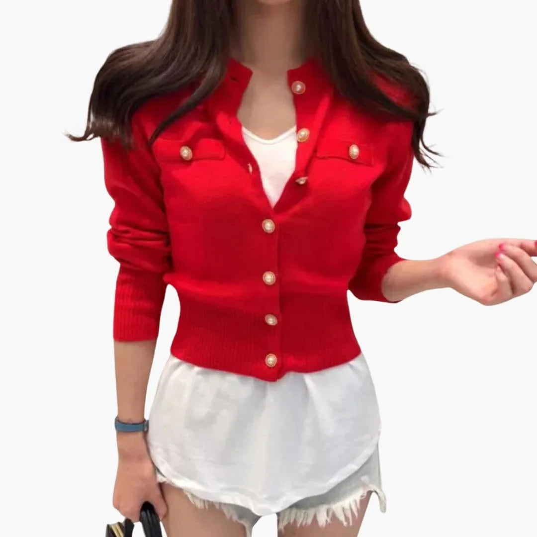 Women's Knit Cardigan with Button Placket and Long Sleeves
