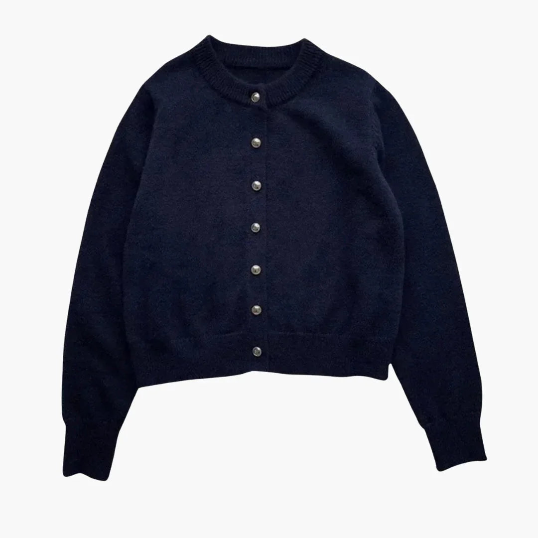 Women's Knit Cardigan with Round Neck and Button Placket
