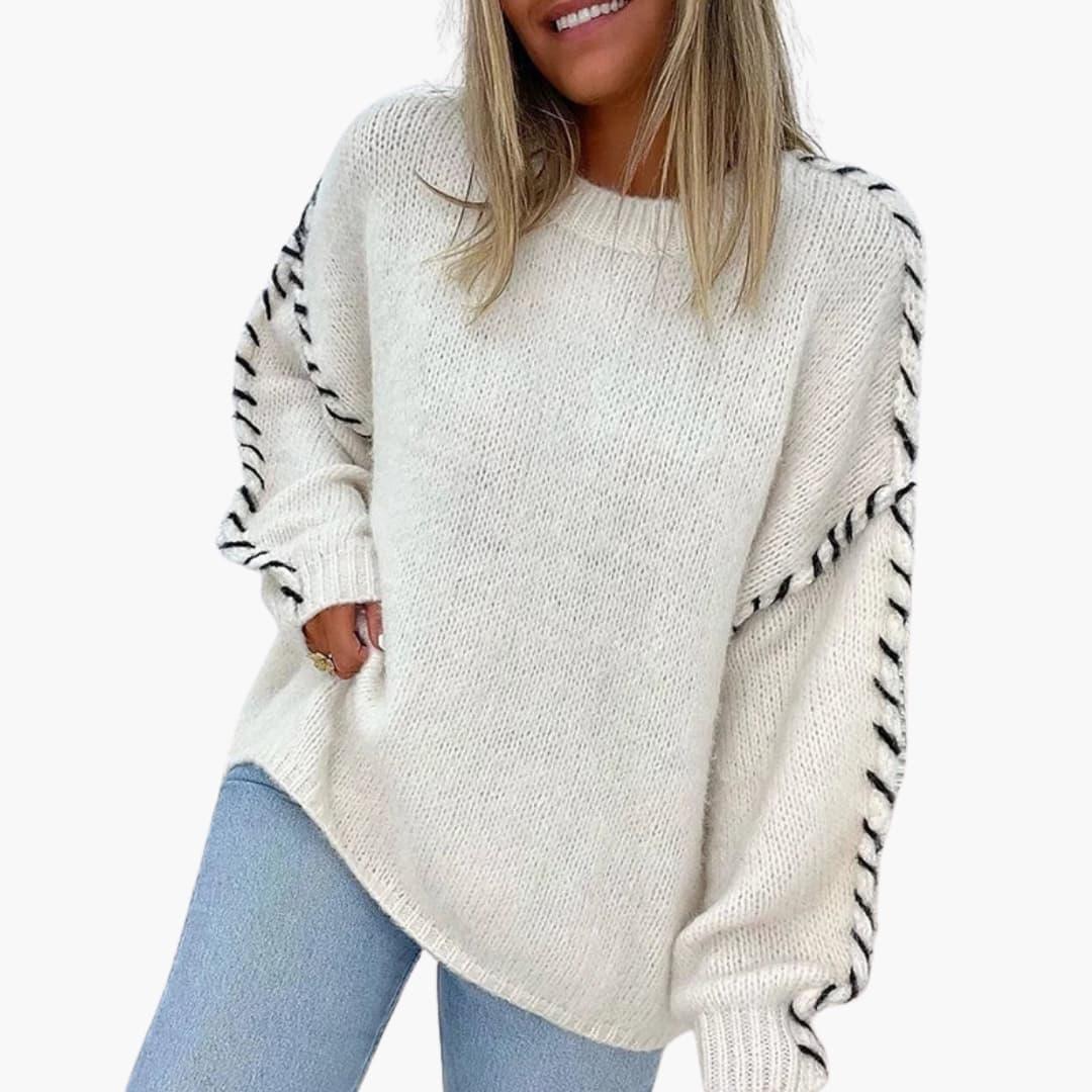 Women's Sweater with Round Neck and Contrasting Seams