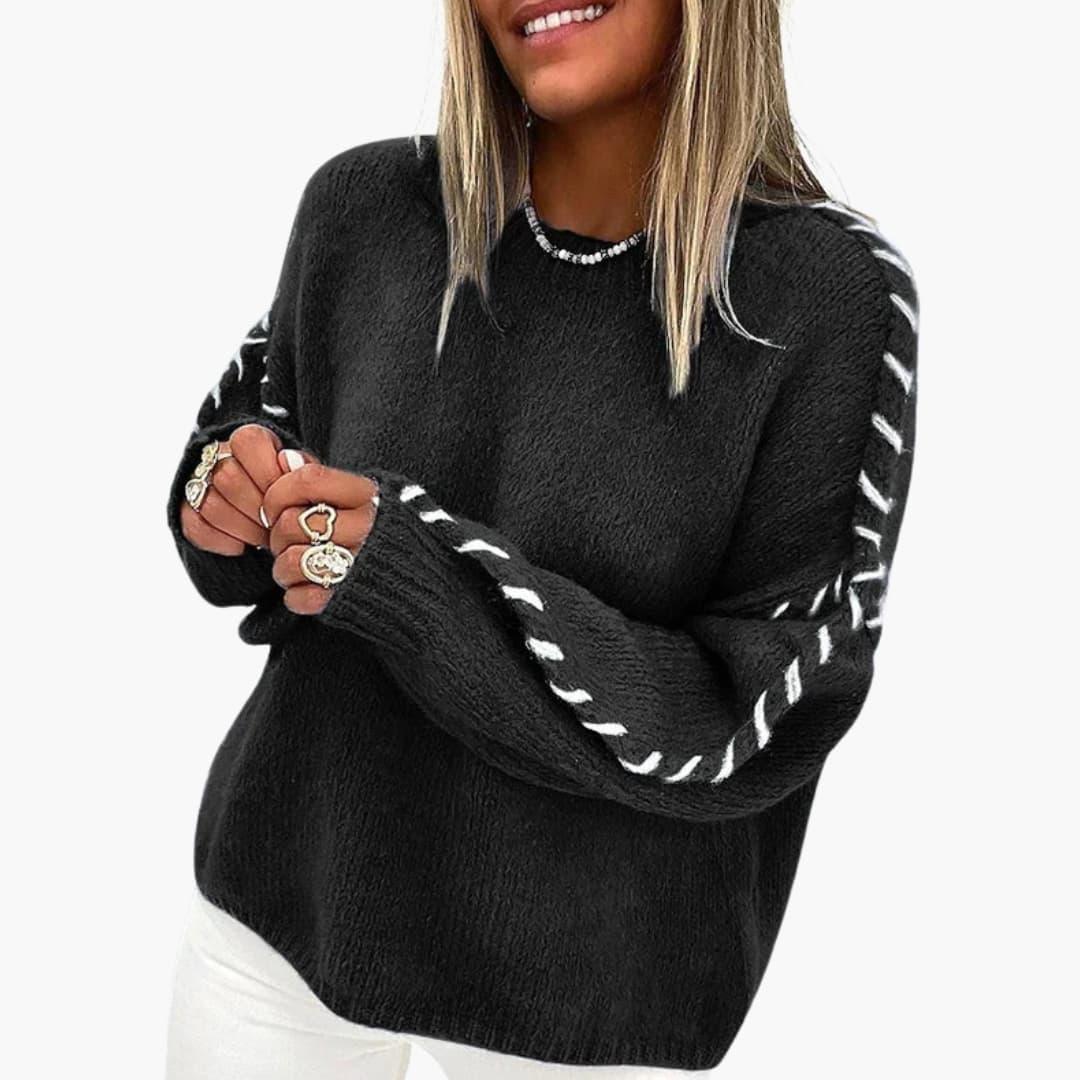 Women's Sweater with Round Neck and Contrasting Seams