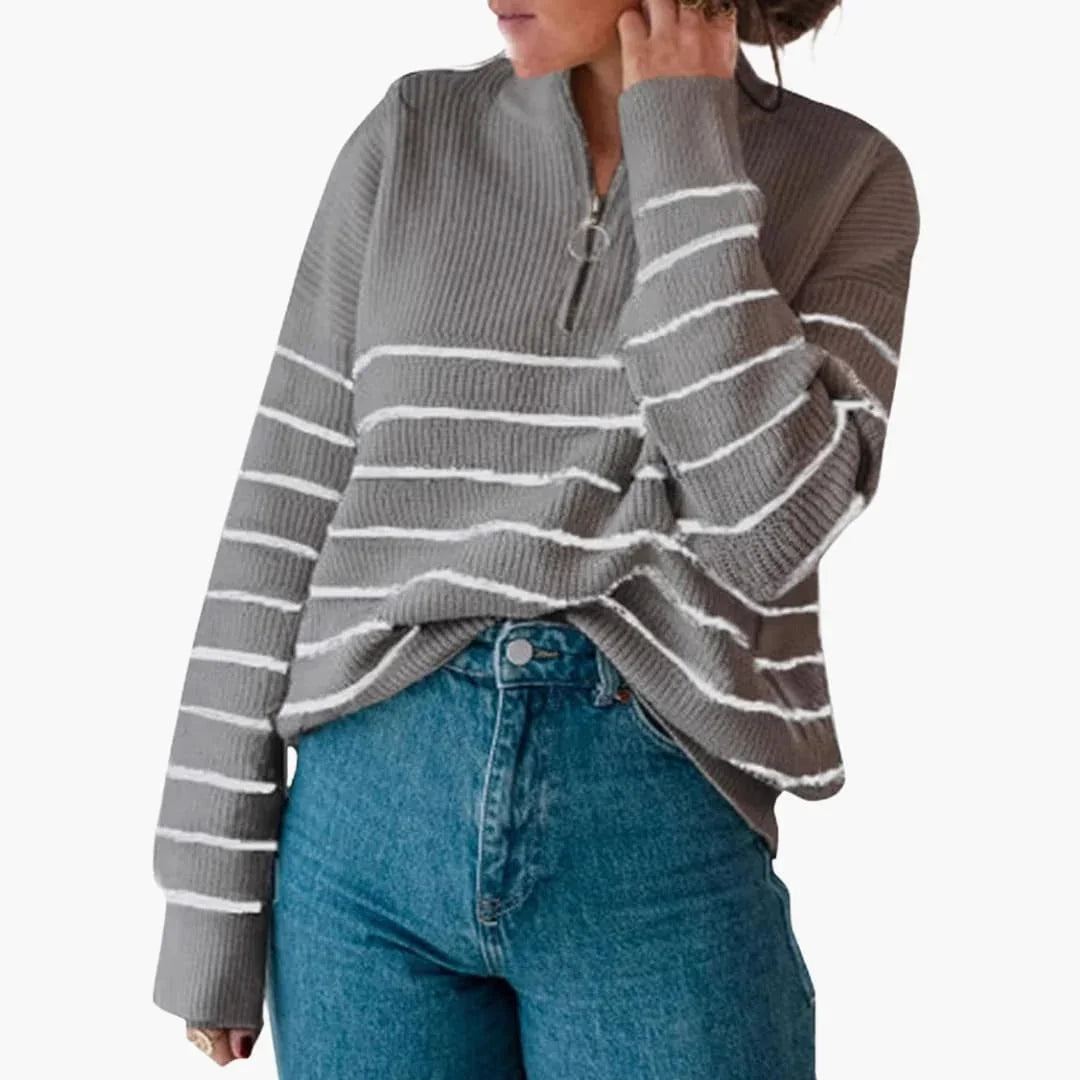 Bavane | Women's Knit Sweater with Half Zip and Striped Pattern