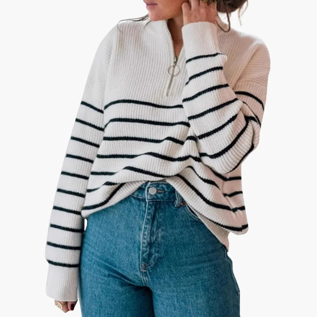 Women's Knit Sweater with Half Zip and Striped Pattern