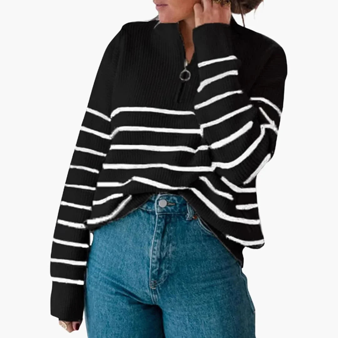Women's Knit Sweater with Half Zip and Striped Pattern