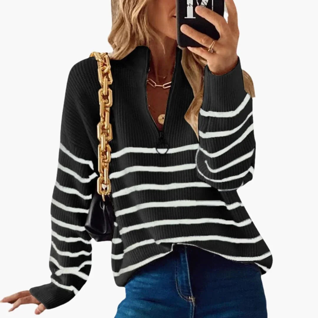 Women's Knit Sweater with Half Zip and Striped Pattern