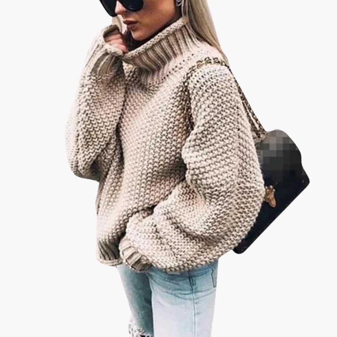 Women's Knit Sweater with Roll Neck and Ribbed Hem