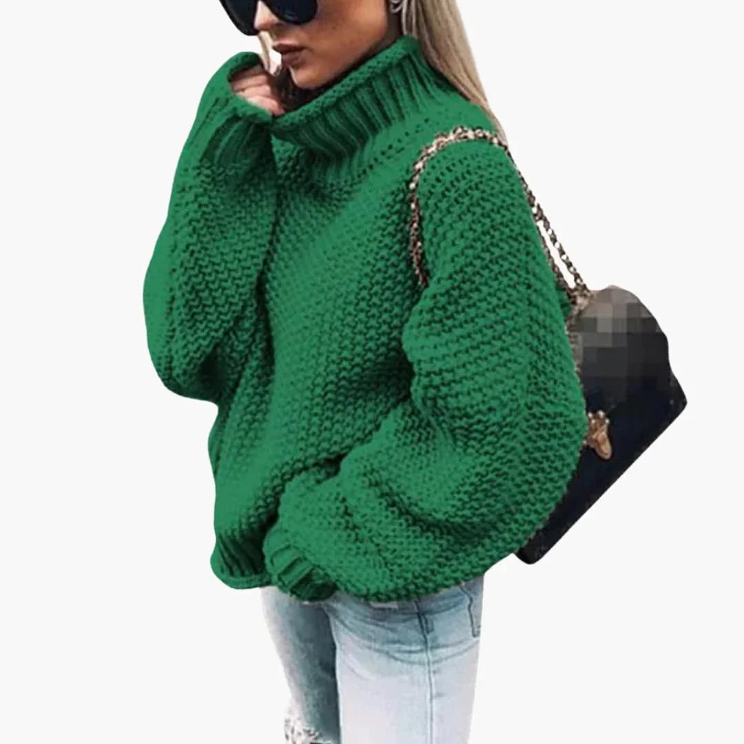 Women's Knit Sweater with Roll Neck and Ribbed Hem