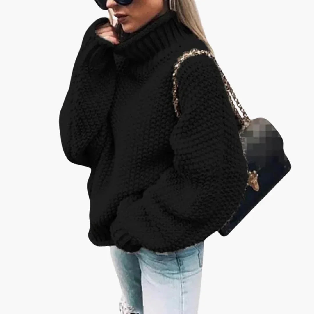 Women's Knit Sweater with Roll Neck and Ribbed Hem