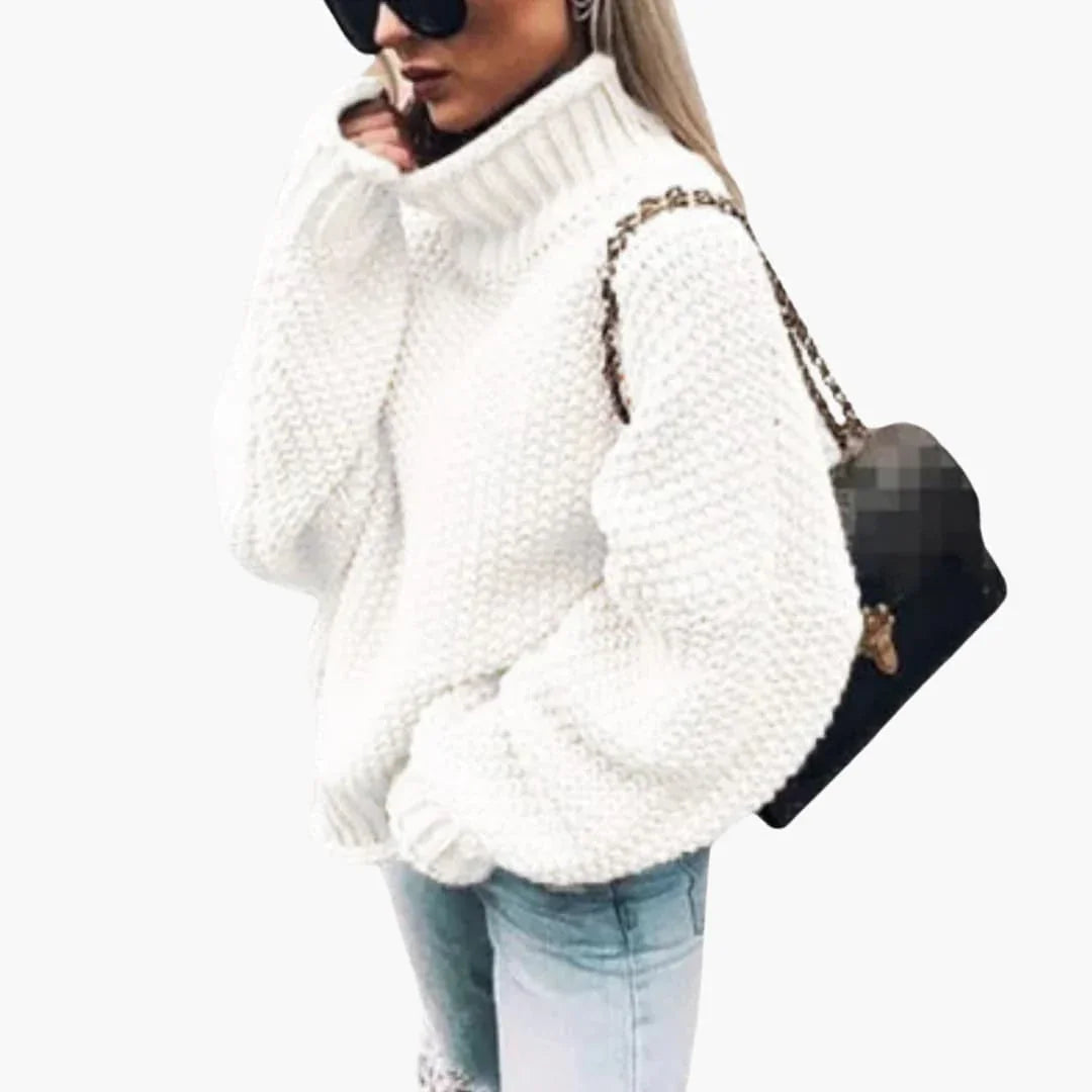 Women's Knit Sweater with Roll Neck and Ribbed Hem