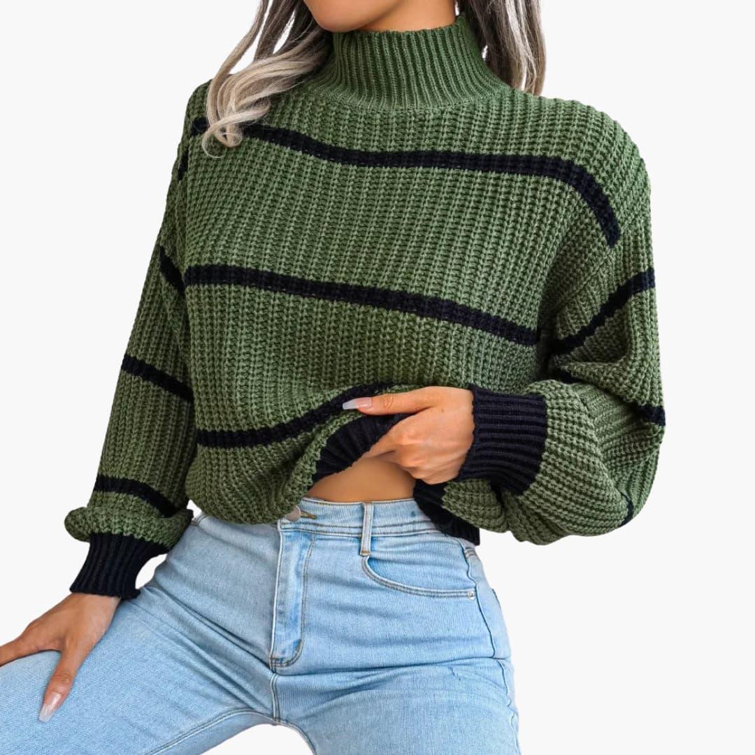 Women's Knitted Sweater with Stripes and High Collar