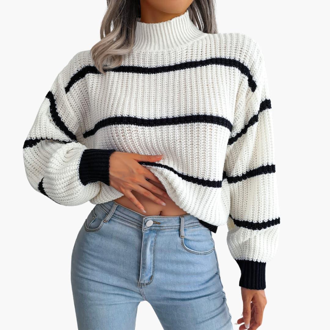 Women's Knitted Sweater with Stripes and High Collar