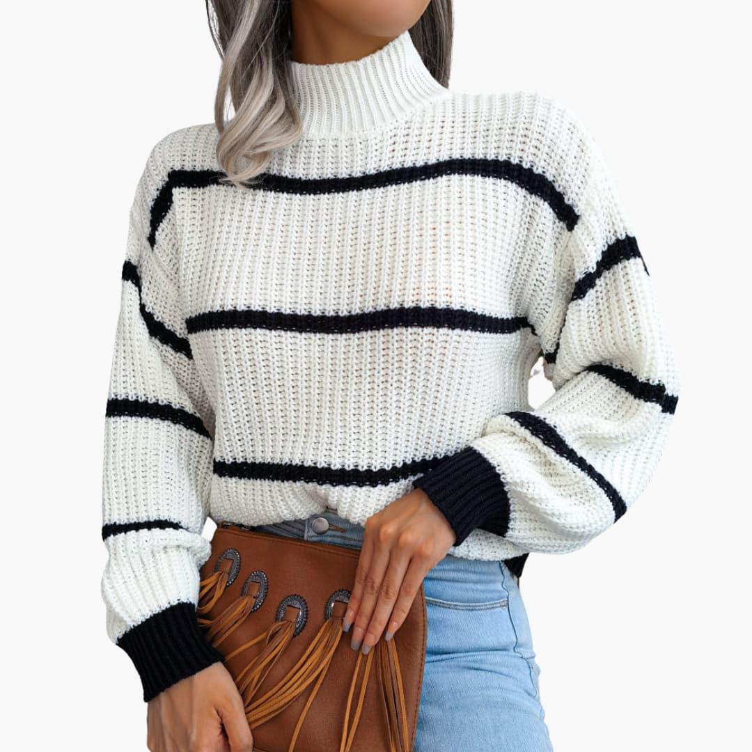Women's Knitted Sweater with Stripes and High Collar