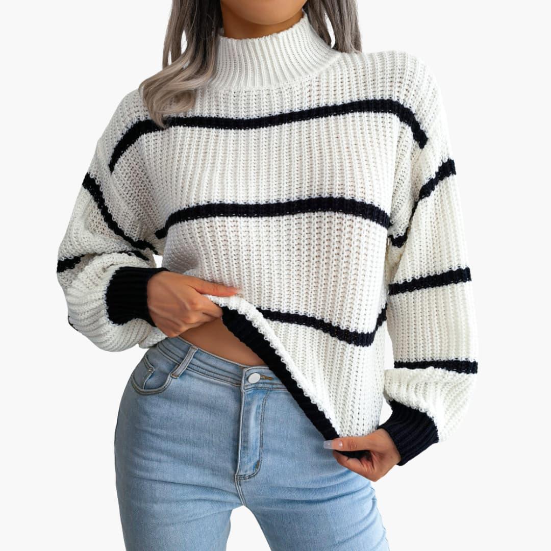 Women's Knitted Sweater with Stripes and High Collar
