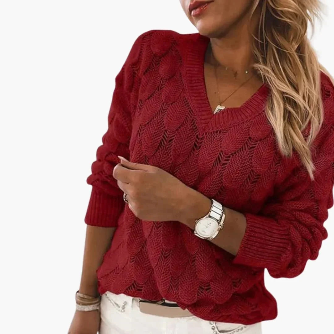 Women's Knitted Sweater with V-Neck and Ribbed Hem