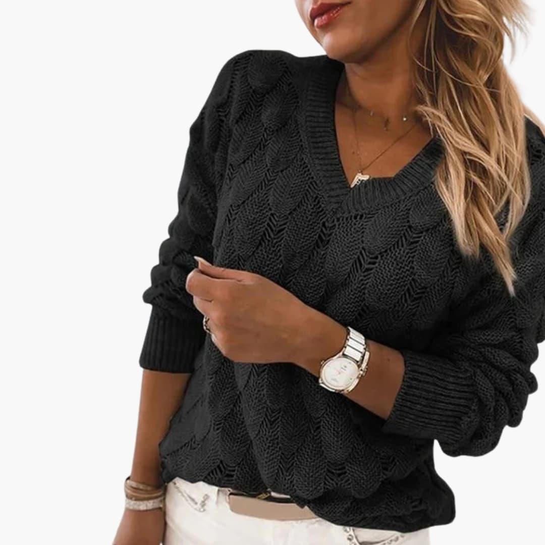 Women's Knitted Sweater with V-Neck and Ribbed Hem