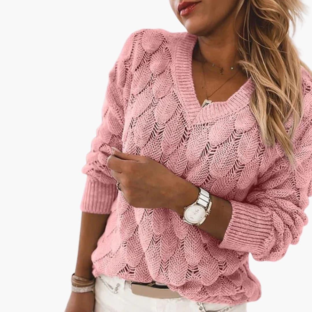 Women's Knitted Sweater with V-Neck and Ribbed Hem