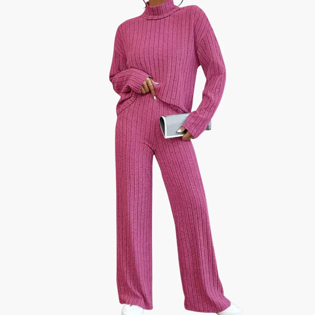 Women's Knit Sweater and Pants Set with Rib Design