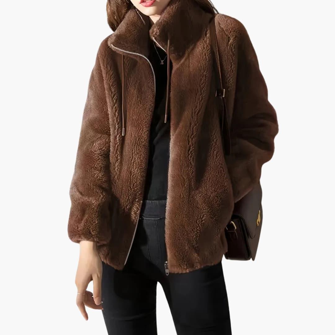 Women's Teddy Coat with Front Zipper and Adjustable Hem