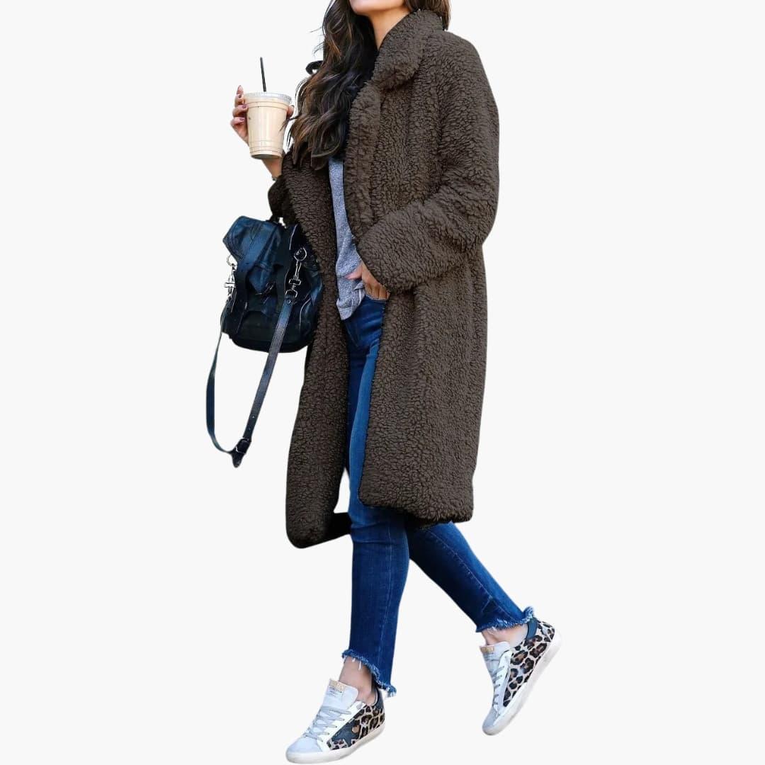 Women���s Teddy Fur Coat Long with Wide Collar and Textured Surface