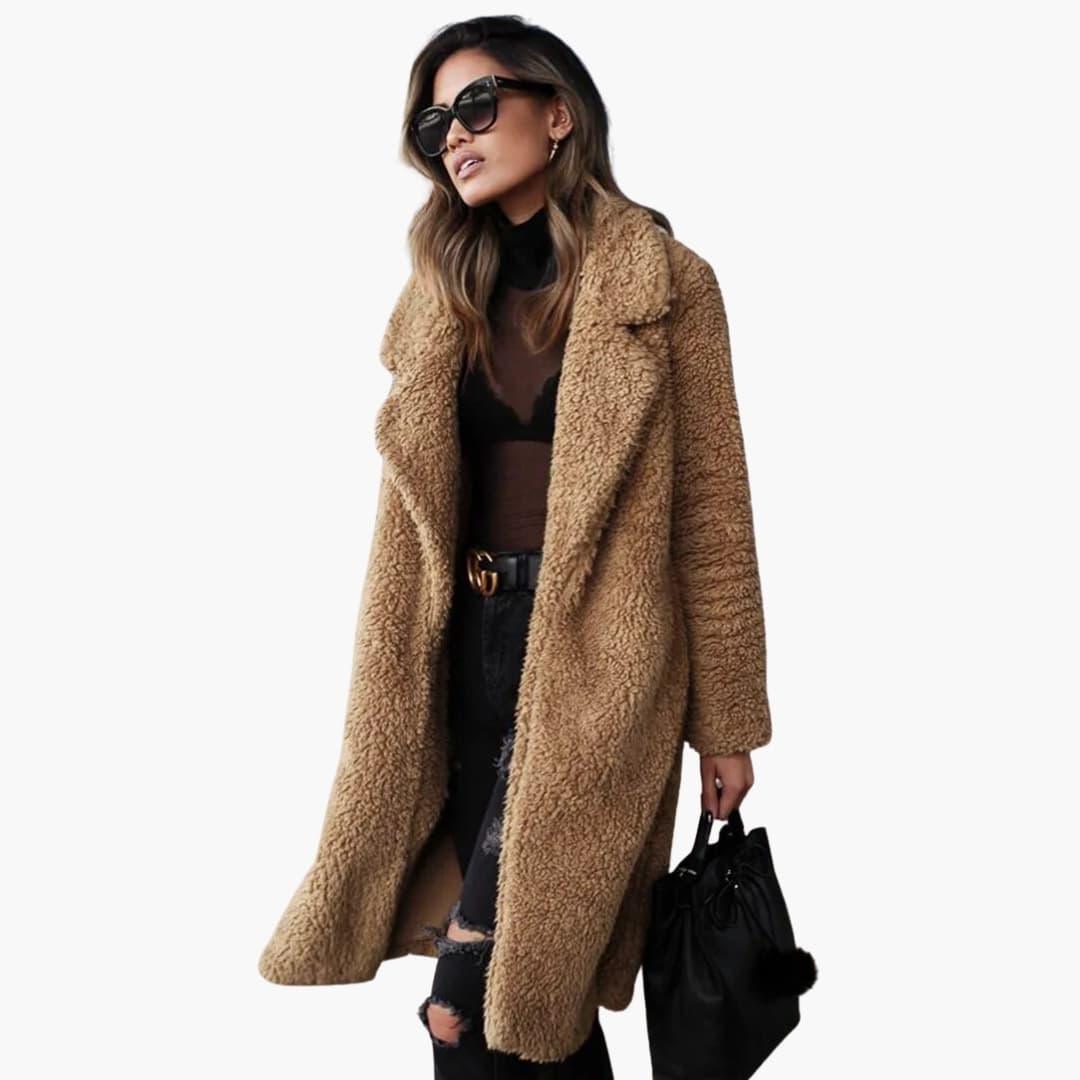 Women���s Teddy Fur Coat Long with Wide Collar and Textured Surface