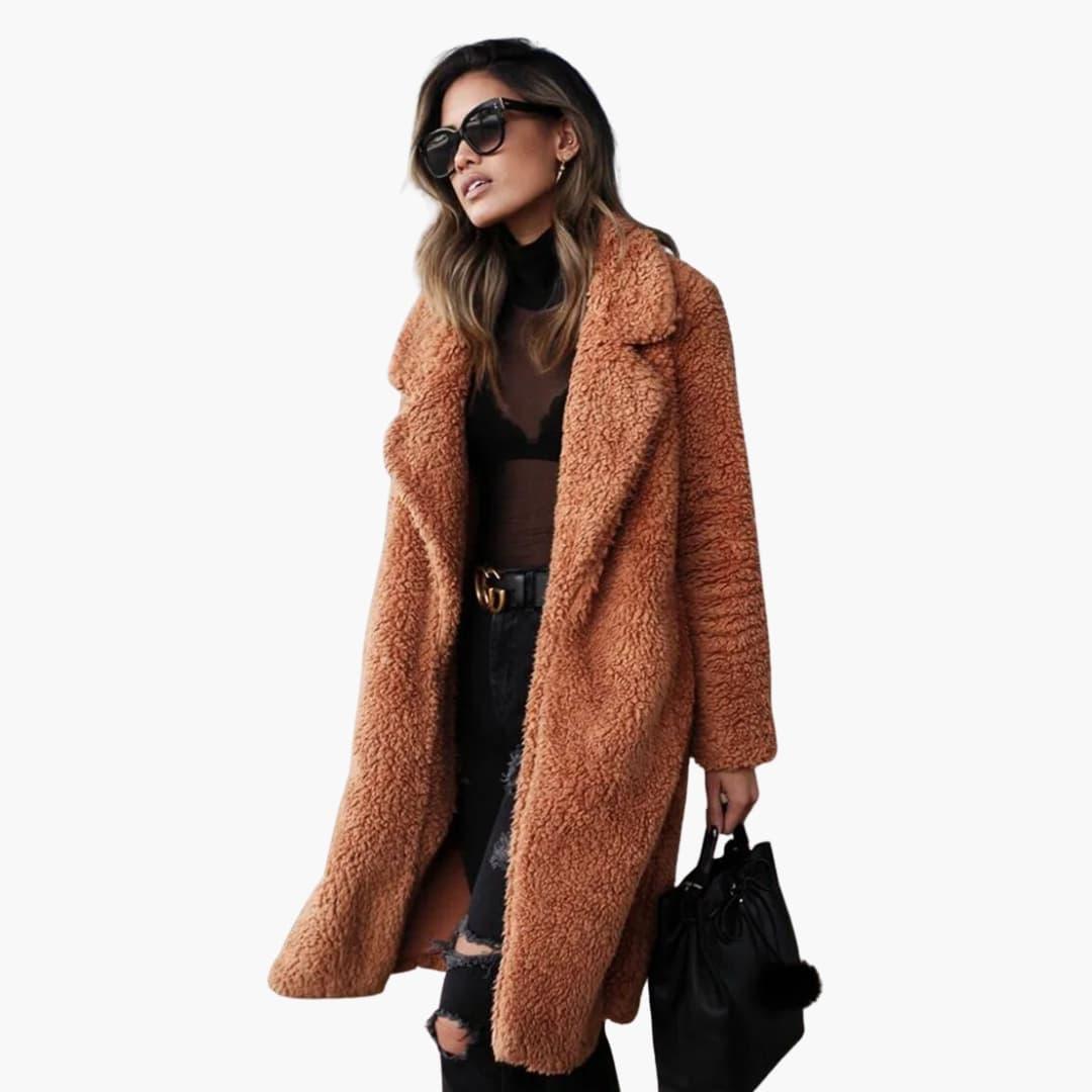 Women���s Teddy Fur Coat Long with Wide Collar and Textured Surface