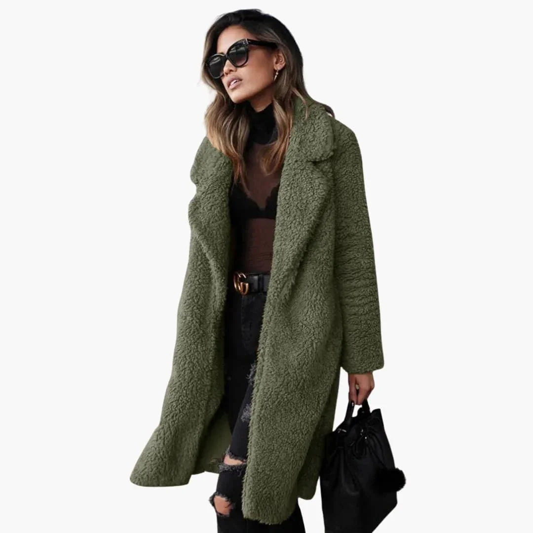 Women���s Teddy Fur Coat Long with Wide Collar and Textured Surface
