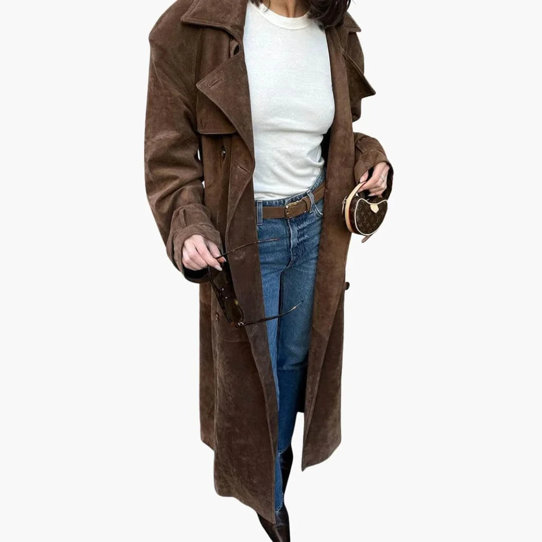 Women's Trench Coat with Notched Collar and Tie Belt