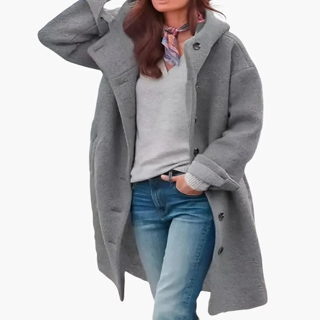 Women's Long Winter Coat with Buttons and Pockets