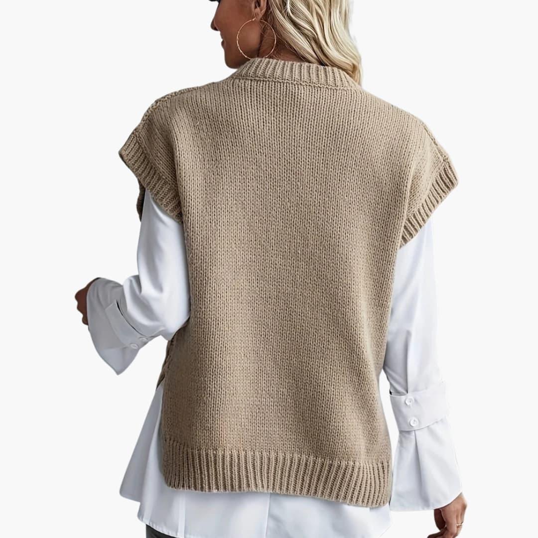 Women's Sleeveless Knit Sweater with Round Neckline and Ribbed Hem