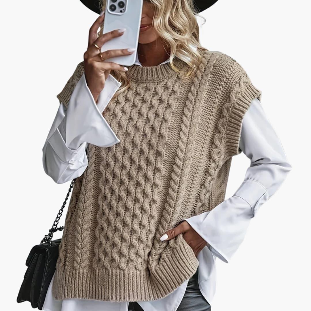 Women's Sleeveless Knit Sweater with Round Neckline and Ribbed Hem