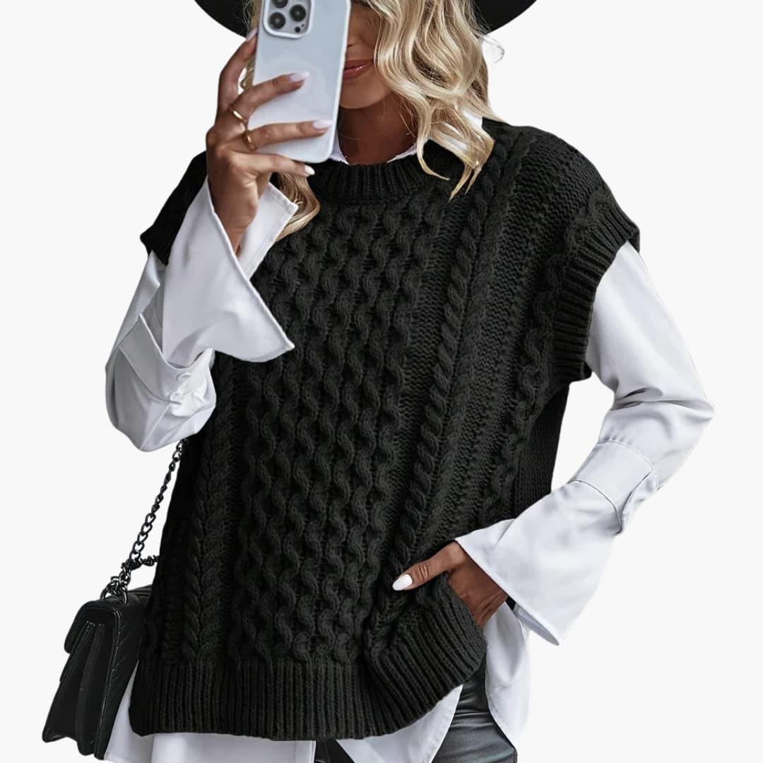 Women's Sleeveless Knit Sweater with Round Neckline and Ribbed Hem