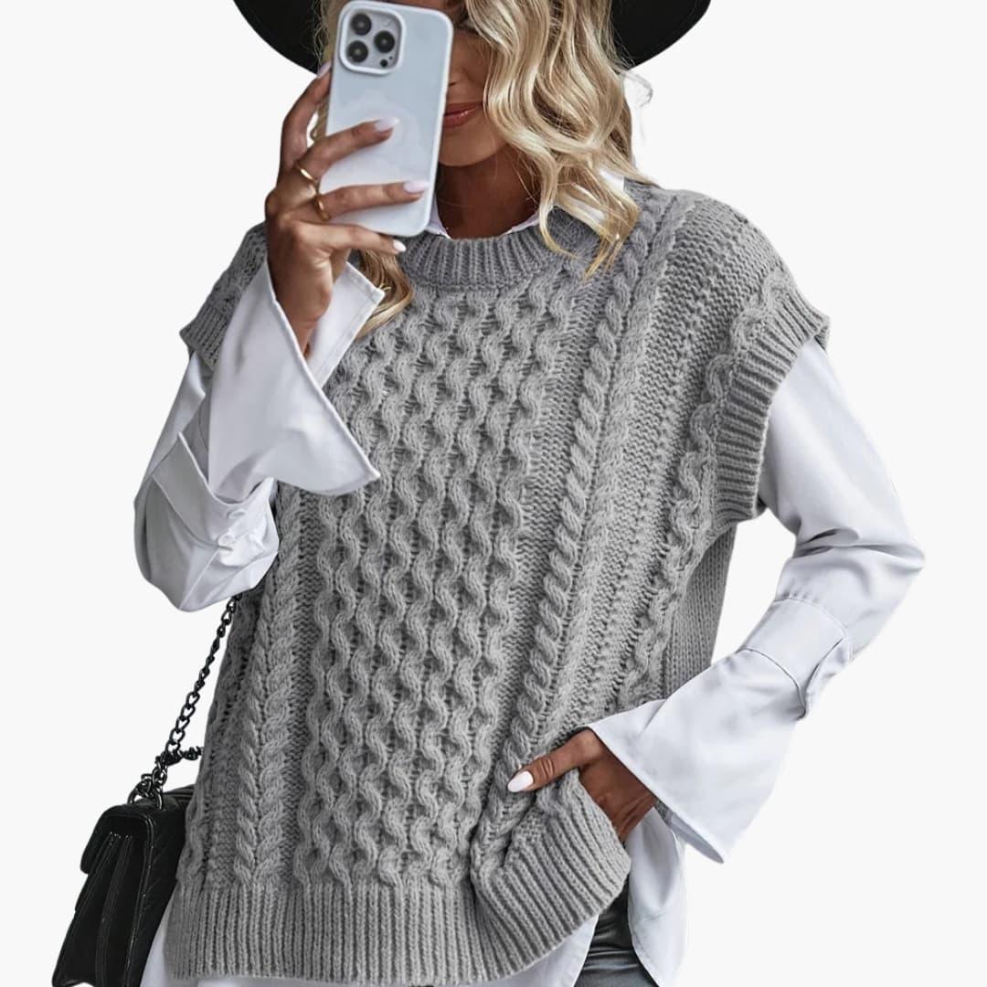 Women's Sleeveless Knit Sweater with Round Neckline and Ribbed Hem