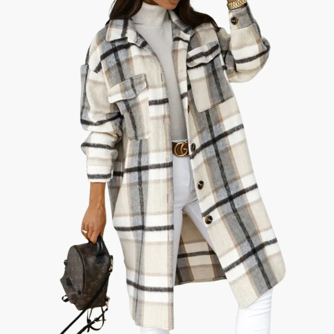 Women's Long Checkered Coat with Button Closure and Lapel Collar