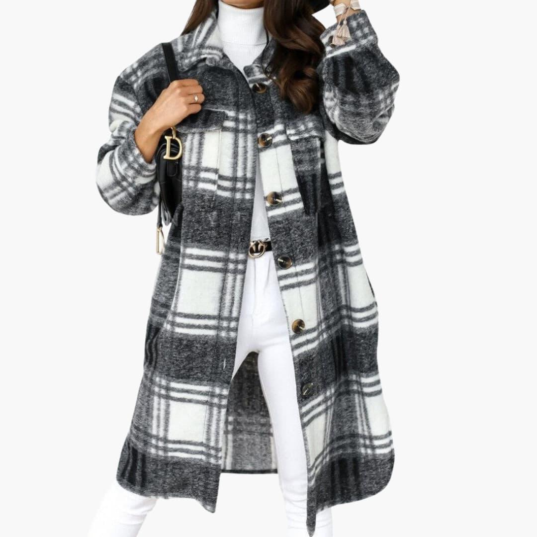 Women's Long Checkered Coat with Button Closure and Lapel Collar