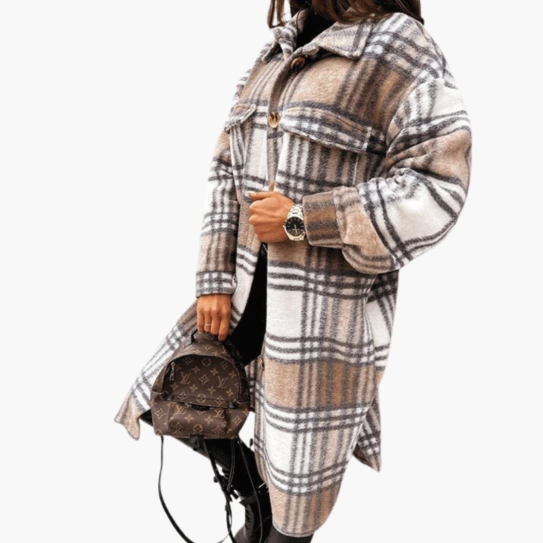 Women's Long Checkered Coat with Button Closure and Lapel Collar