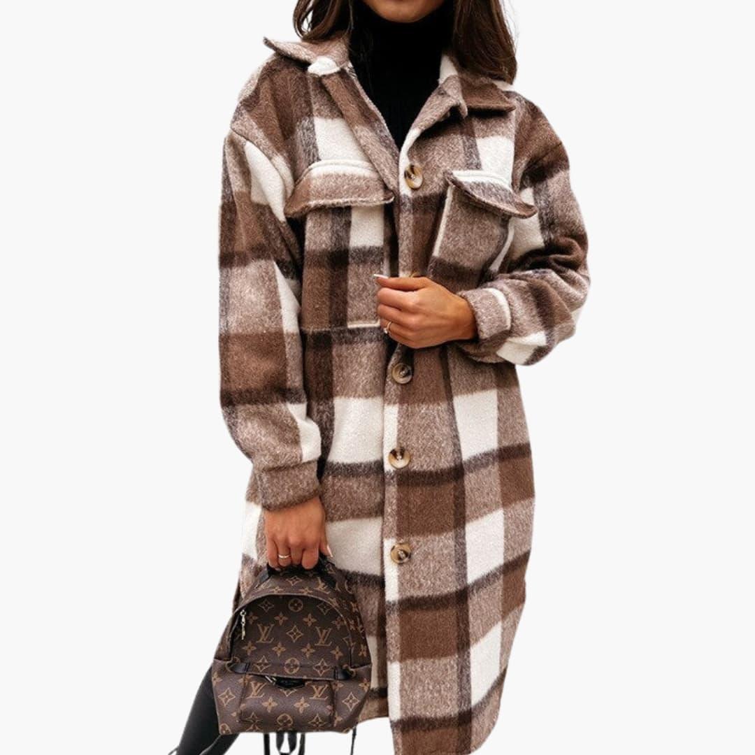 Women's Long Checkered Coat with Button Closure and Lapel Collar